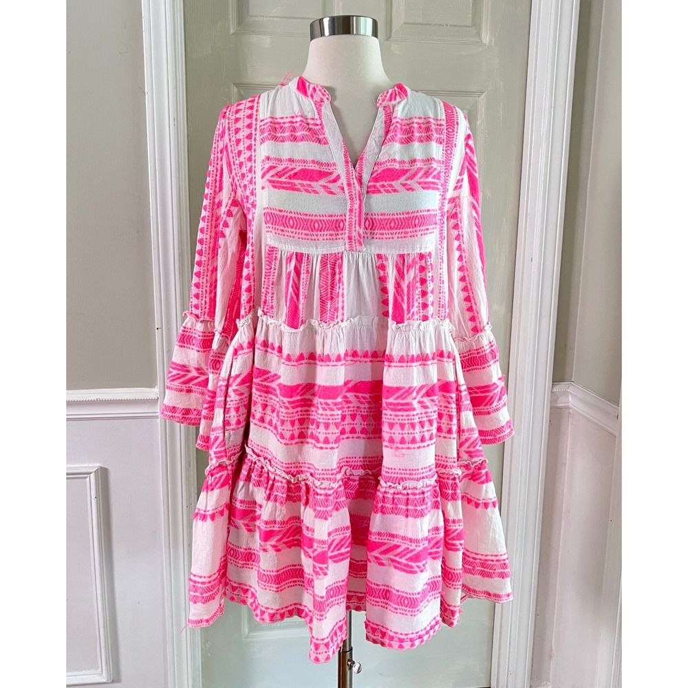Elan Tunic Dress S Womens Tiered Embroidered Bell Sleeve Neon Pink Boho Mini
